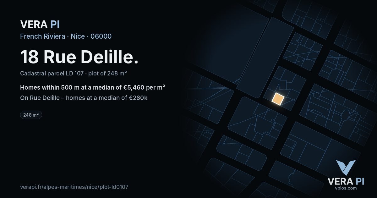 18 Rue Delille, Nice at night – the plot lit, the parcels around coloured by the prices near them