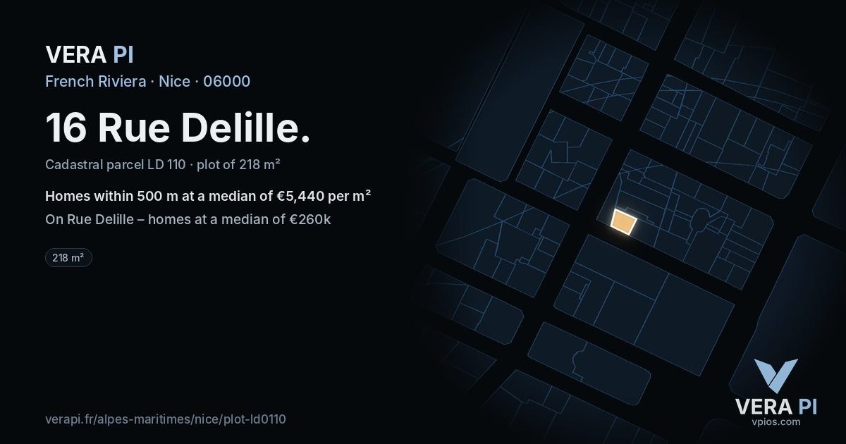 16 Rue Delille, Nice at night – the plot lit, the parcels around coloured by the prices near them