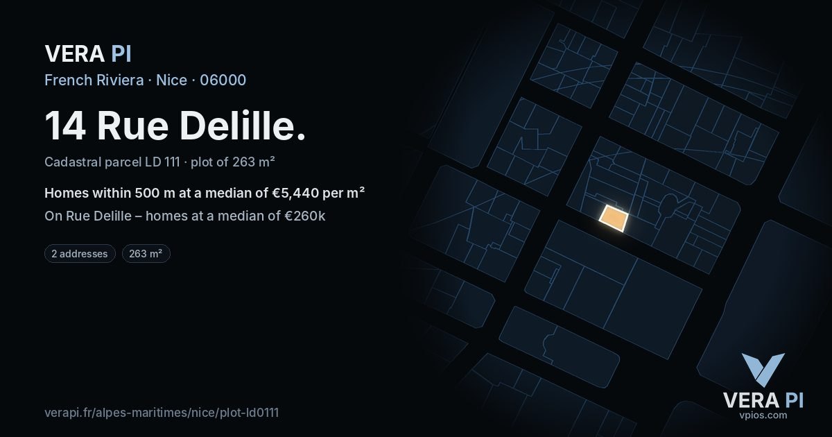 14 Rue Delille, Nice at night – the plot lit, the parcels around coloured by the prices near them