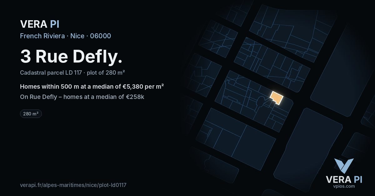 3 Rue Defly, Nice at night – the plot lit, the parcels around coloured by the prices near them