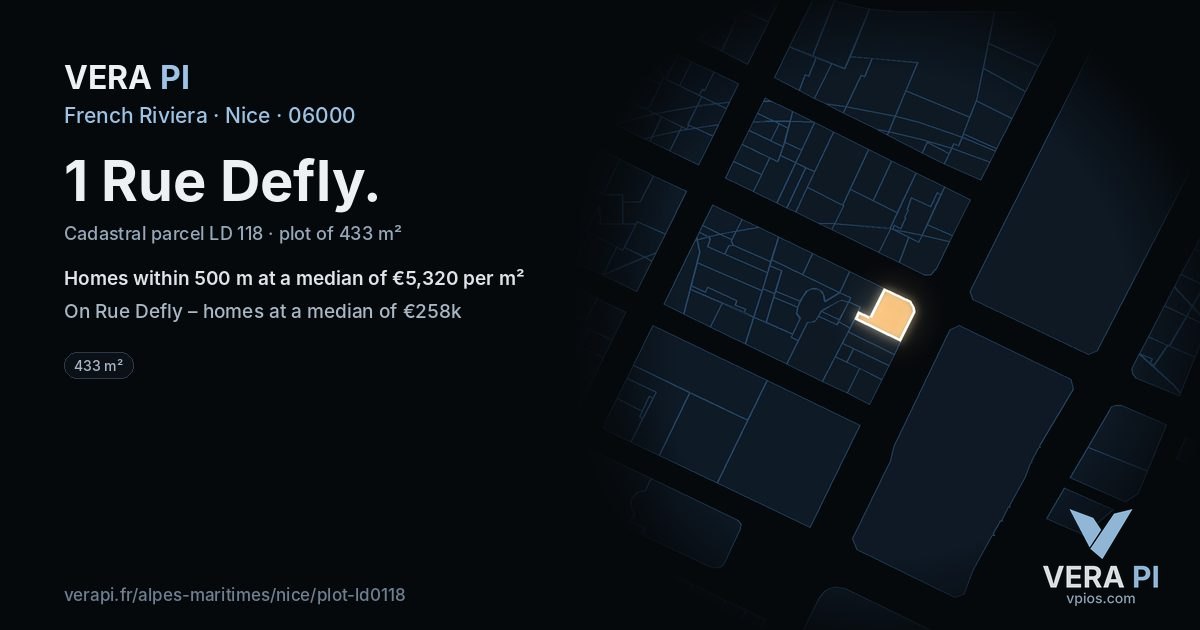 1 Rue Defly, Nice at night – the plot lit, the parcels around coloured by the prices near them