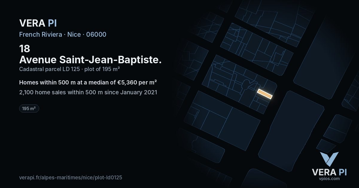 18 Avenue Saint-Jean-Baptiste, Nice at night – the plot lit, the parcels around coloured by the prices near them
