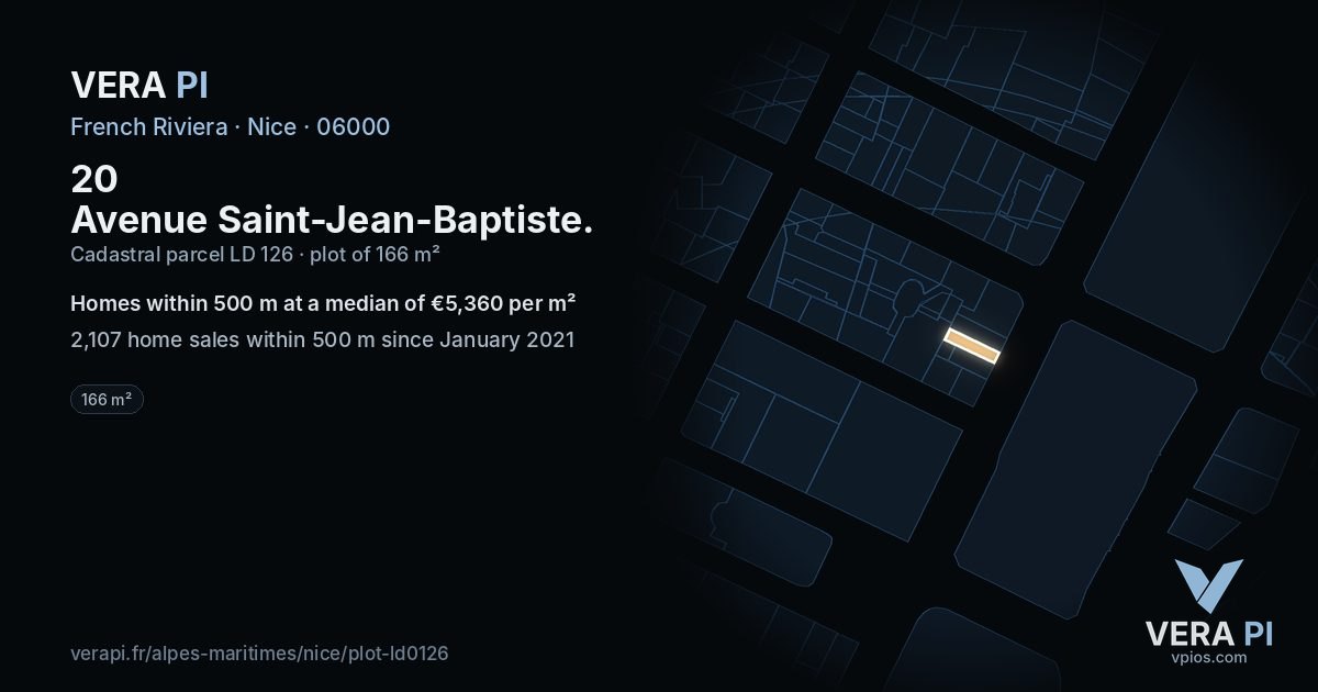20 Avenue Saint-Jean-Baptiste, Nice at night – the plot lit, the parcels around coloured by the prices near them