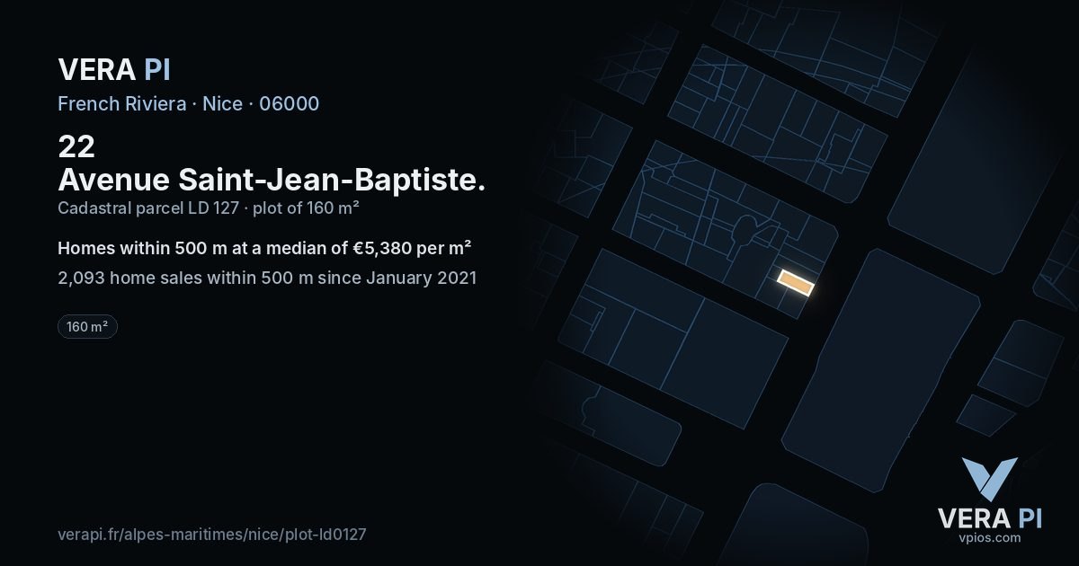 22 Avenue Saint-Jean-Baptiste, Nice at night – the plot lit, the parcels around coloured by the prices near them