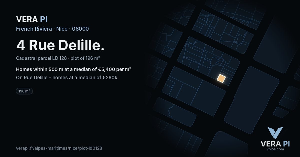 4 Rue Delille, Nice at night – the plot lit, the parcels around coloured by the prices near them