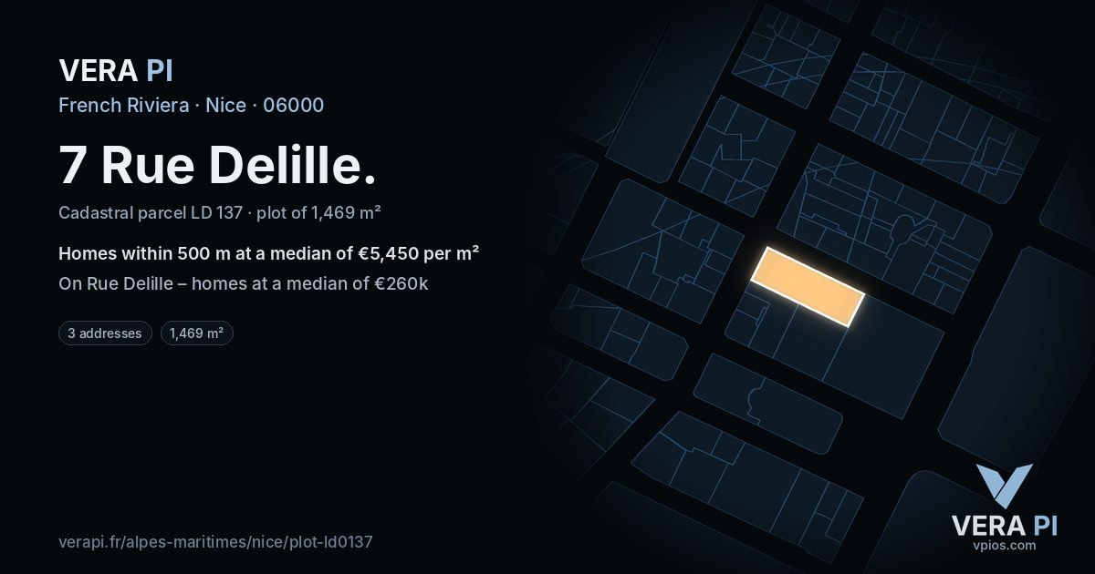 7 Rue Delille, Nice at night – the plot lit, the parcels around coloured by the prices near them