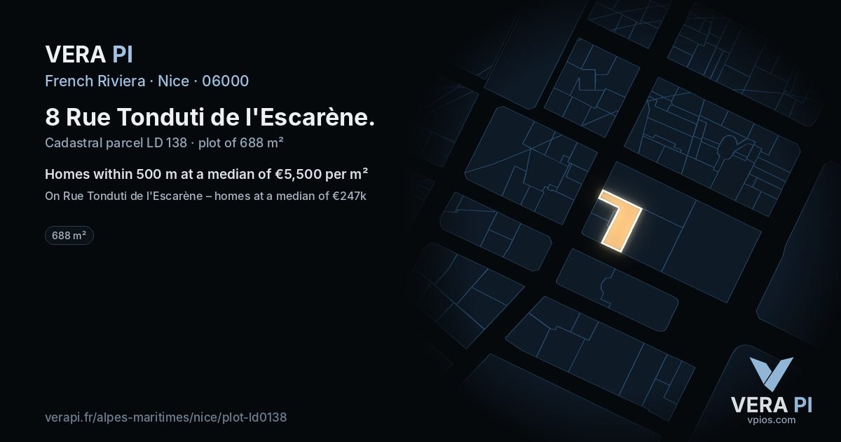 8 Rue Tonduti de l'Escarène, Nice at night – the plot lit, the parcels around coloured by the prices near them