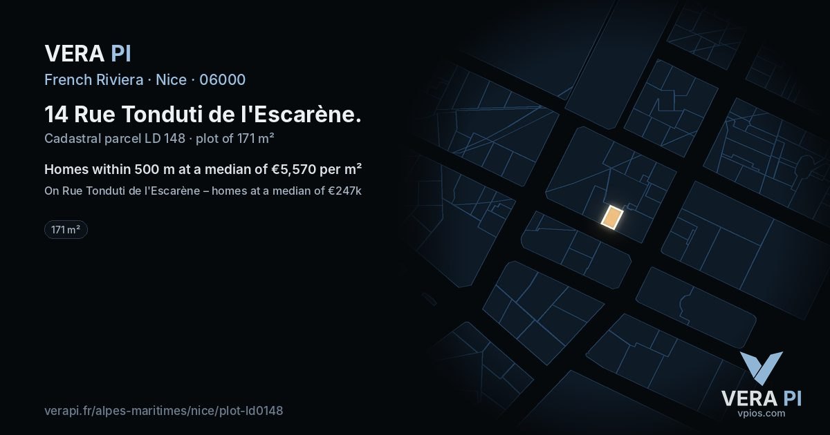14 Rue Tonduti de l'Escarène, Nice at night – the plot lit, the parcels around coloured by the prices near them