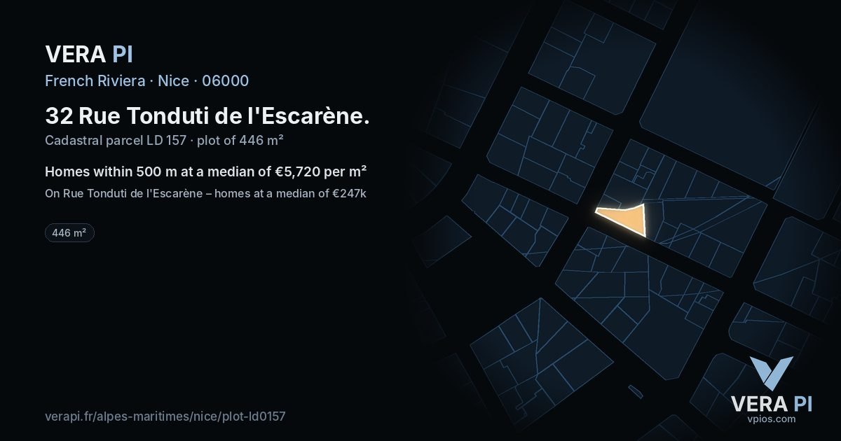 32 Rue Tonduti de l'Escarène, Nice at night – the plot lit, the parcels around coloured by the prices near them