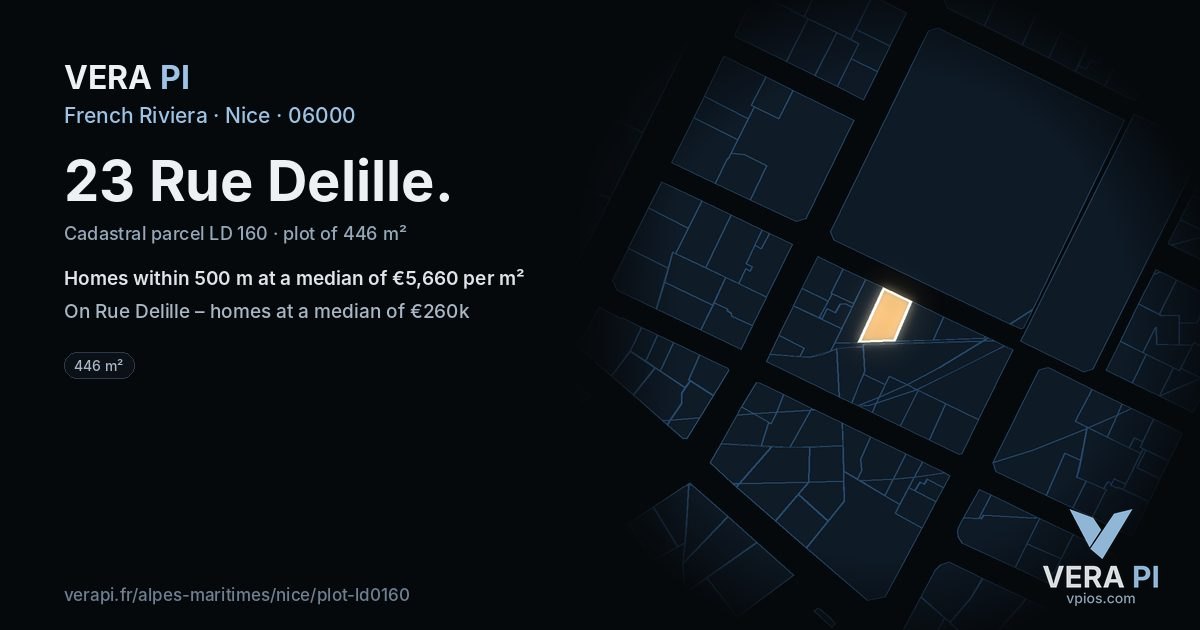 23 Rue Delille, Nice at night – the plot lit, the parcels around coloured by the prices near them