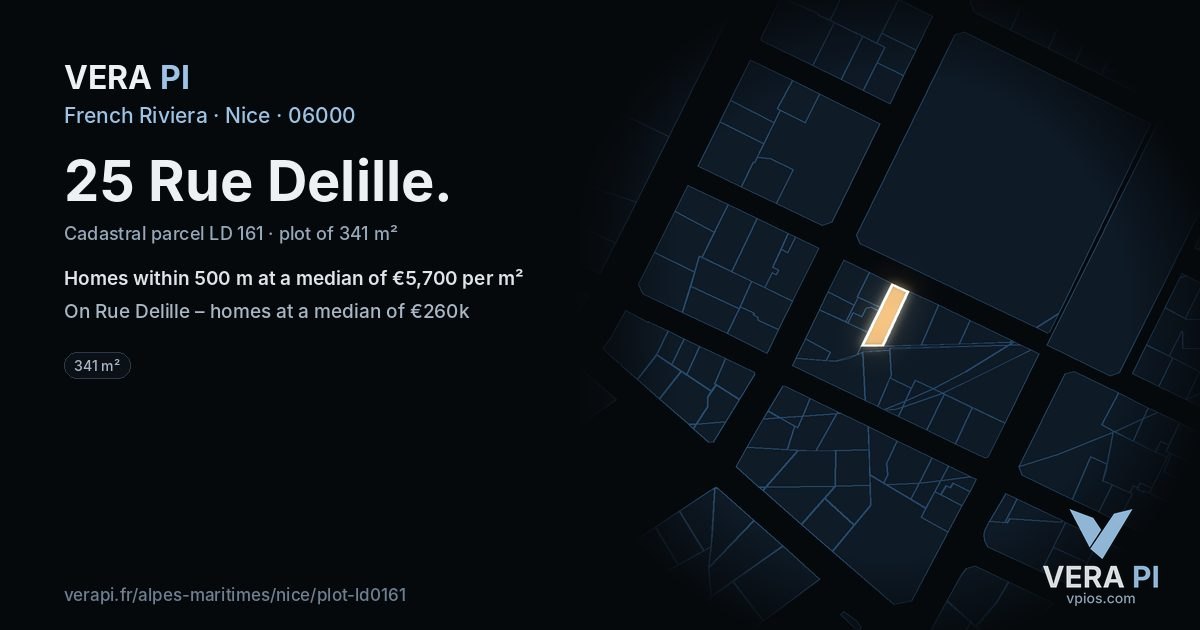 25 Rue Delille, Nice at night – the plot lit, the parcels around coloured by the prices near them