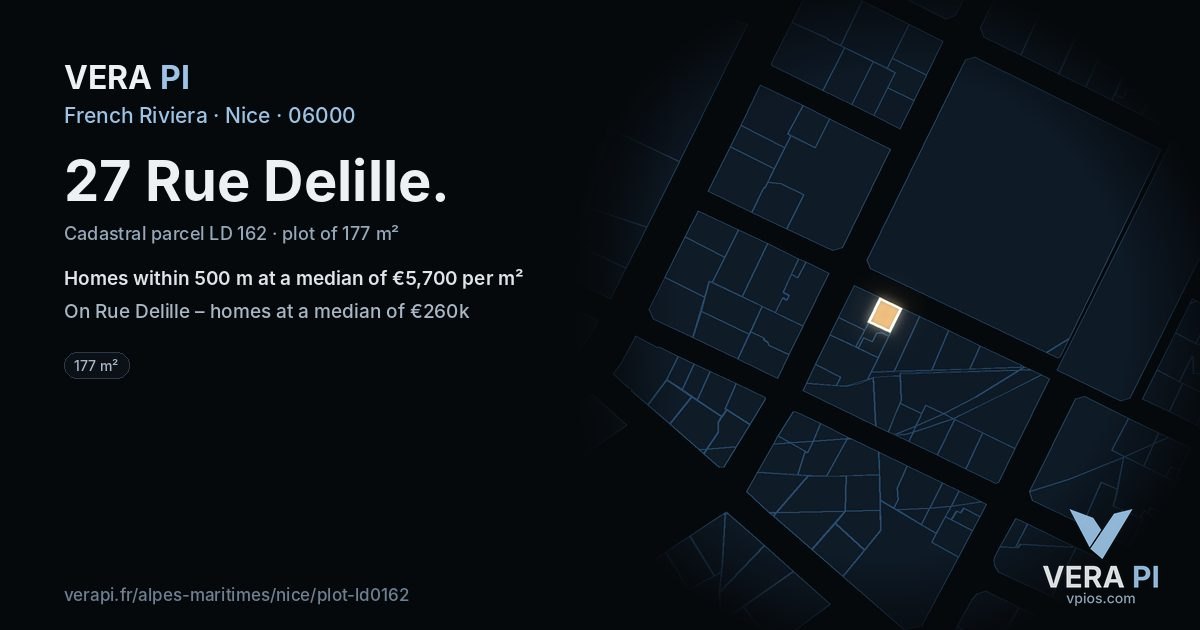 27 Rue Delille, Nice at night – the plot lit, the parcels around coloured by the prices near them