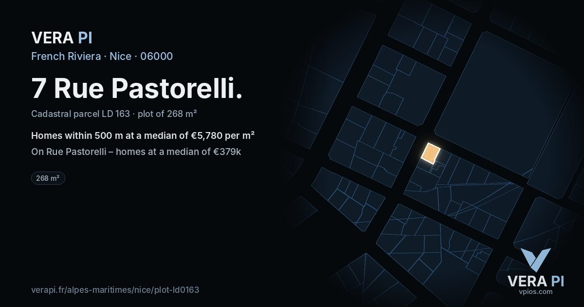 7 Rue Pastorelli, Nice at night – the plot lit, the parcels around coloured by the prices near them
