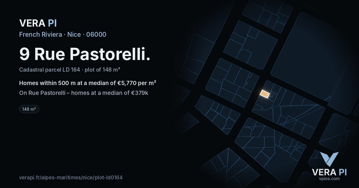 9 Rue Pastorelli, Nice at night – the plot lit, the parcels around coloured by the prices near them