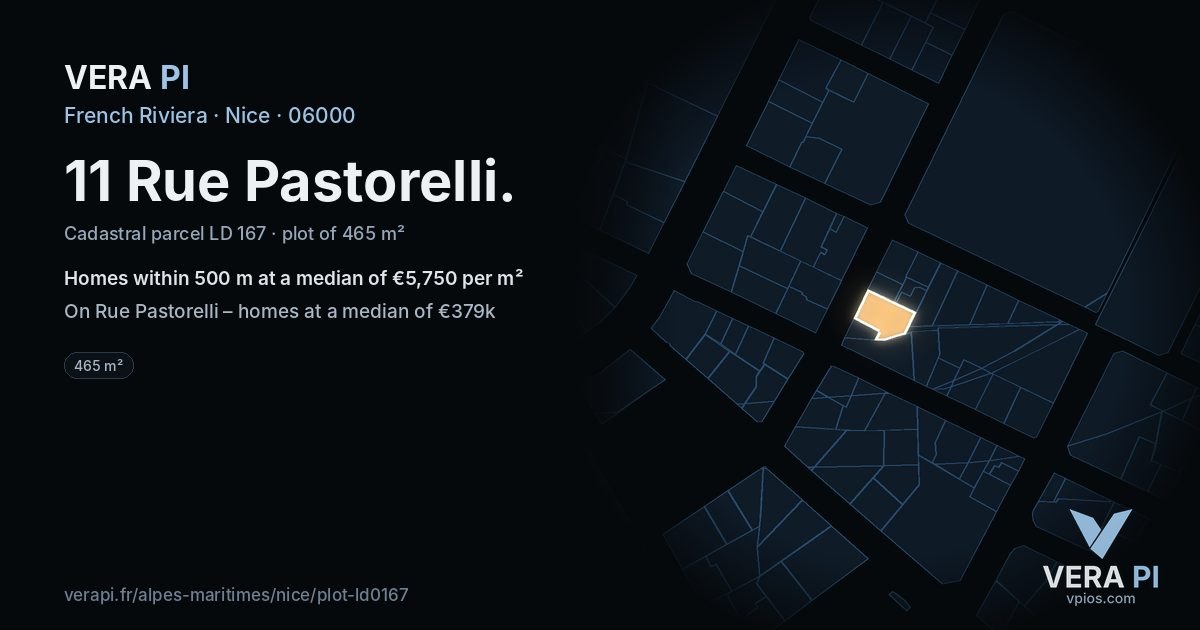11 Rue Pastorelli, Nice at night – the plot lit, the parcels around coloured by the prices near them