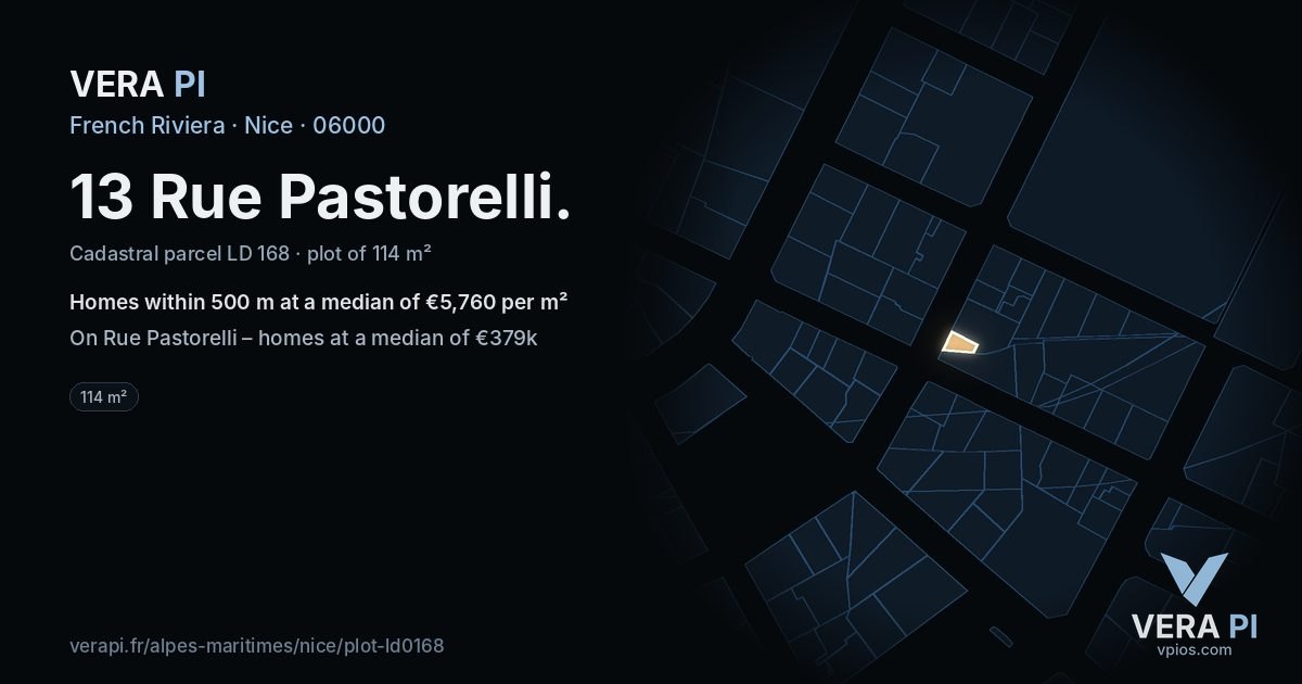 13 Rue Pastorelli, Nice at night – the plot lit, the parcels around coloured by the prices near them