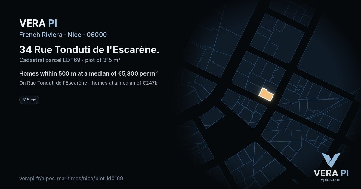 34 Rue Tonduti de l'Escarène, Nice at night – the plot lit, the parcels around coloured by the prices near them
