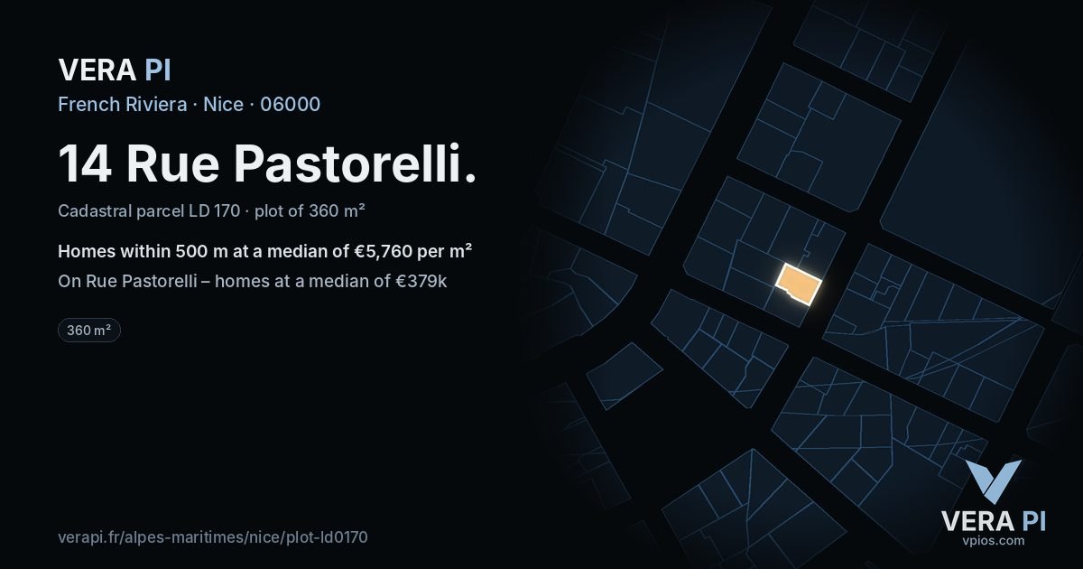 14 Rue Pastorelli, Nice at night – the plot lit, the parcels around coloured by the prices near them