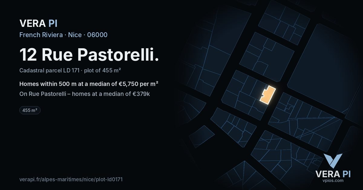 12 Rue Pastorelli, Nice at night – the plot lit, the parcels around coloured by the prices near them