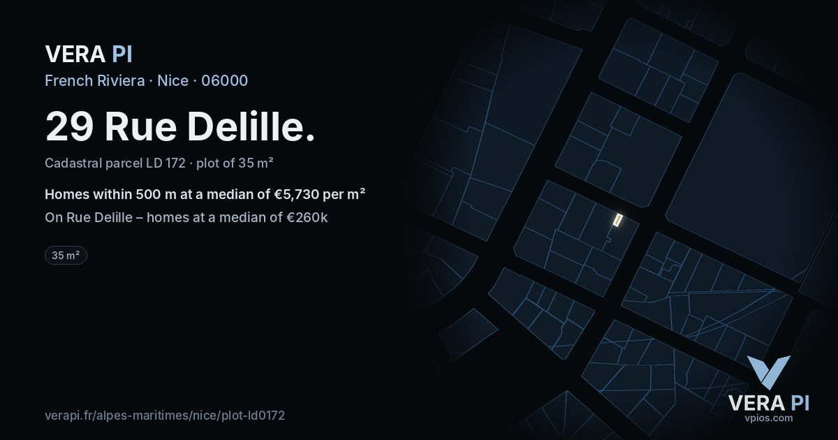29 Rue Delille, Nice at night – the plot lit, the parcels around coloured by the prices near them