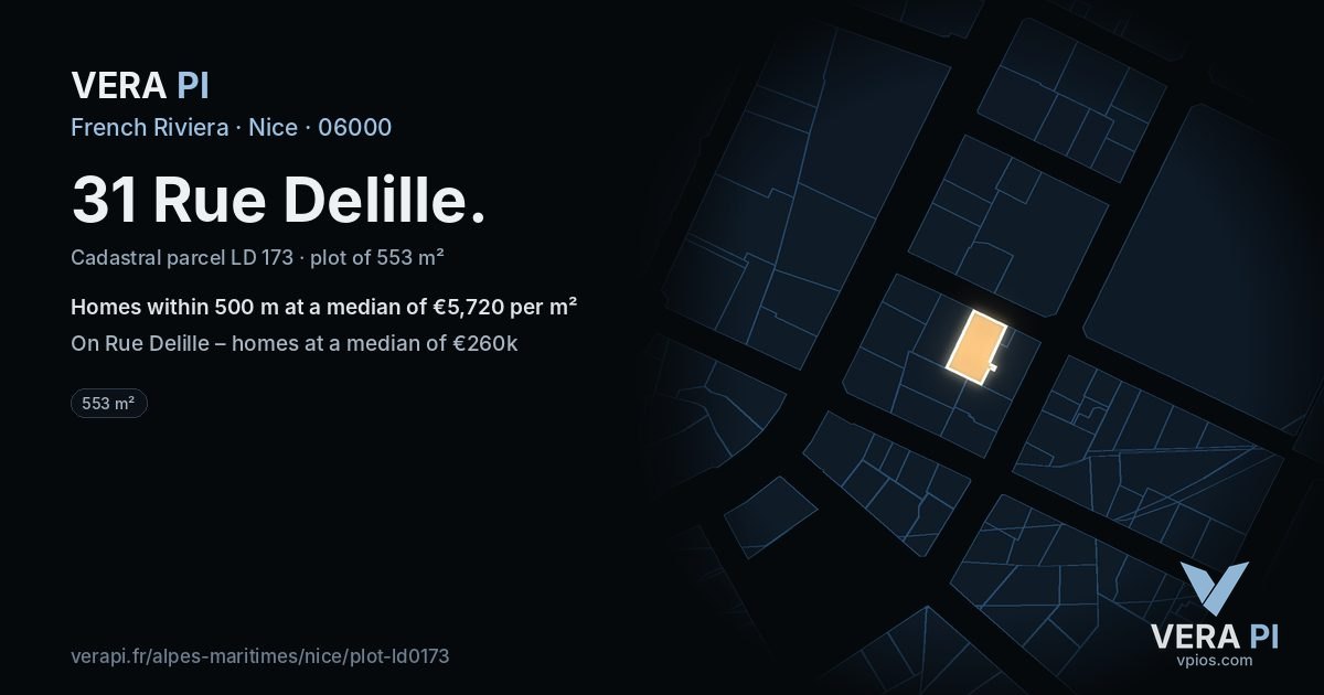 31 Rue Delille, Nice at night – the plot lit, the parcels around coloured by the prices near them