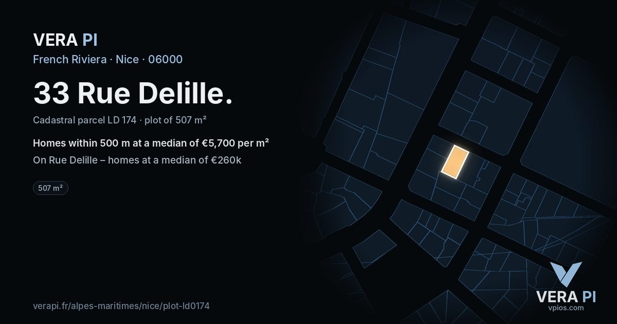 33 Rue Delille, Nice at night – the plot lit, the parcels around coloured by the prices near them