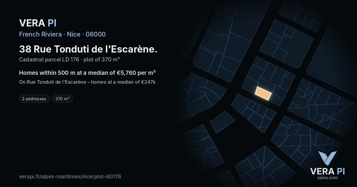38 Rue Tonduti de l'Escarène, Nice at night – the plot lit, the parcels around coloured by the prices near them