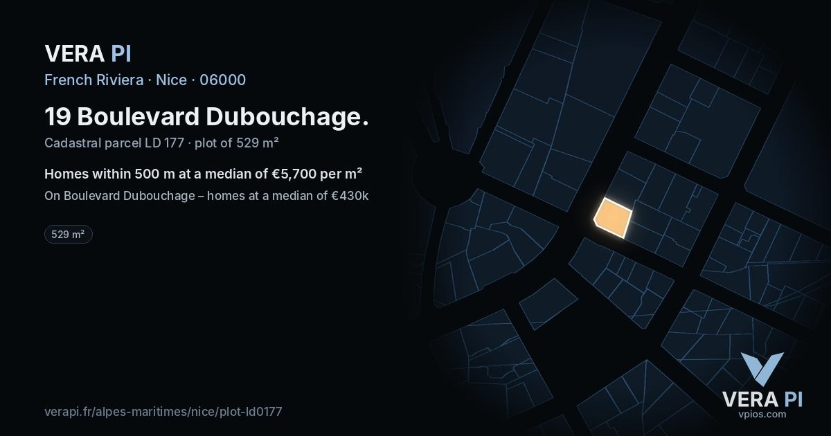 19 Boulevard Dubouchage, Nice at night – the plot lit, the parcels around coloured by the prices near them