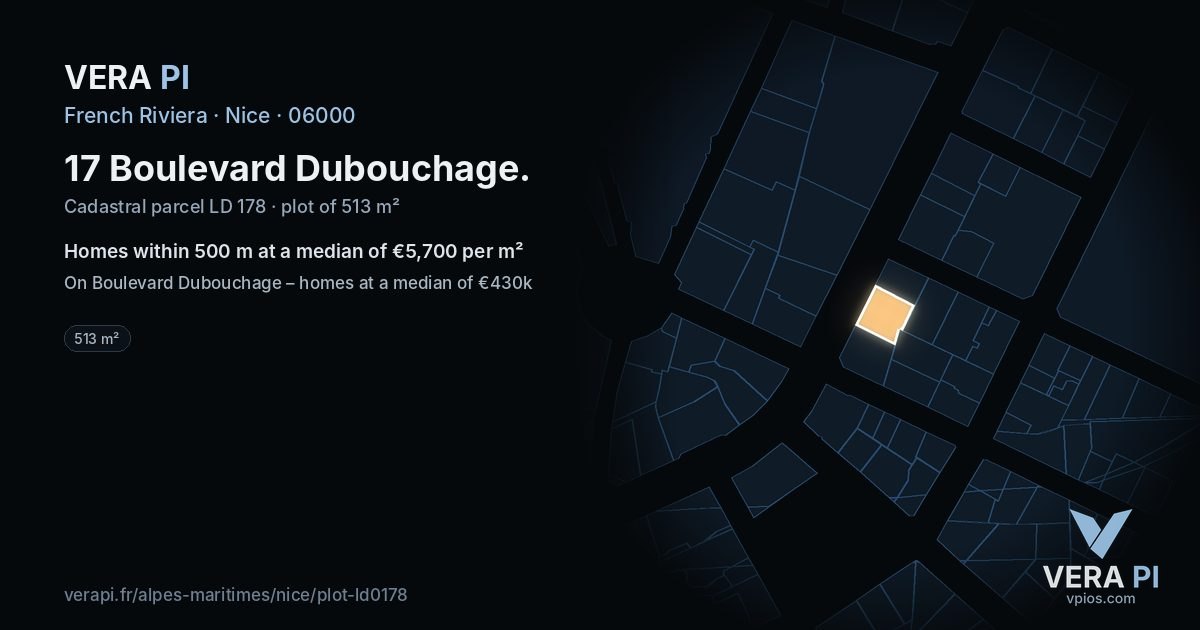 17 Boulevard Dubouchage, Nice at night – the plot lit, the parcels around coloured by the prices near them
