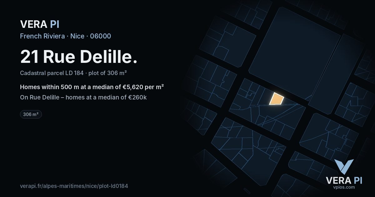 21 Rue Delille, Nice at night – the plot lit, the parcels around coloured by the prices near them