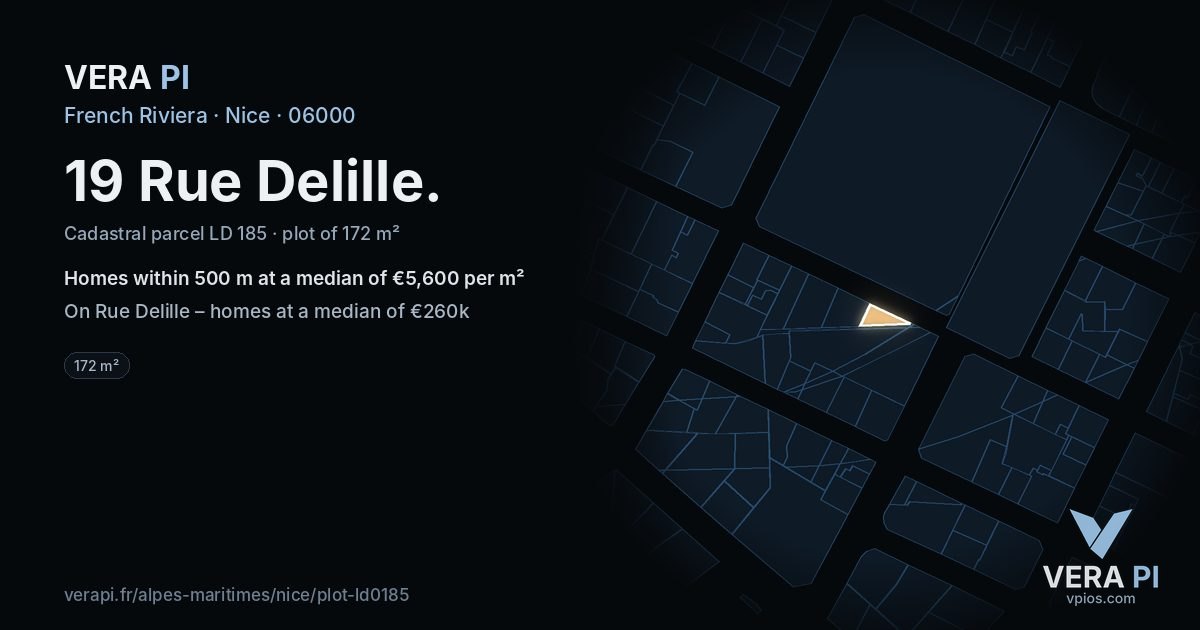 19 Rue Delille, Nice at night – the plot lit, the parcels around coloured by the prices near them