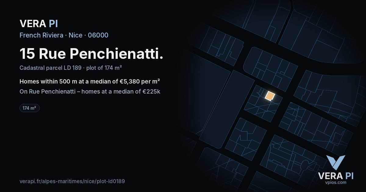 15 Rue Penchienatti, Nice at night – the plot lit, the parcels around coloured by the prices near them