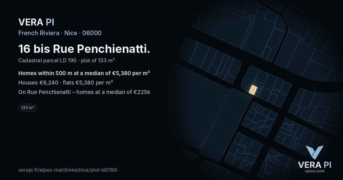 16 bis Rue Penchienatti, Nice at night – the plot lit, the parcels around coloured by the prices near them