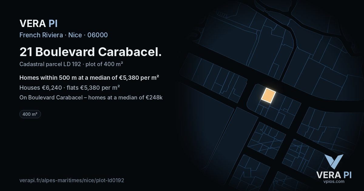 21 Boulevard Carabacel, Nice at night – the plot lit, the parcels around coloured by the prices near them