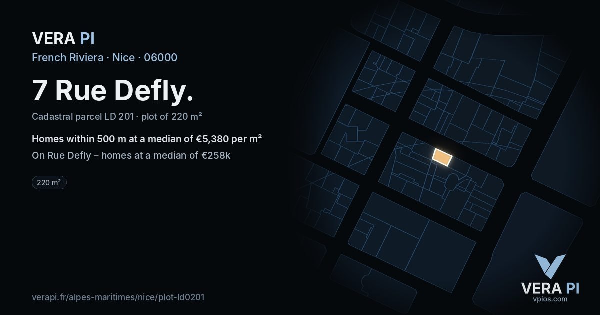 7 Rue Defly, Nice at night – the plot lit, the parcels around coloured by the prices near them