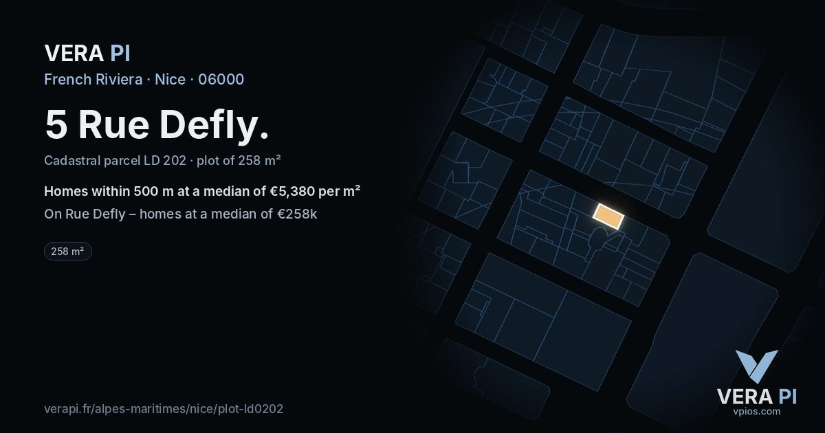 5 Rue Defly, Nice at night – the plot lit, the parcels around coloured by the prices near them