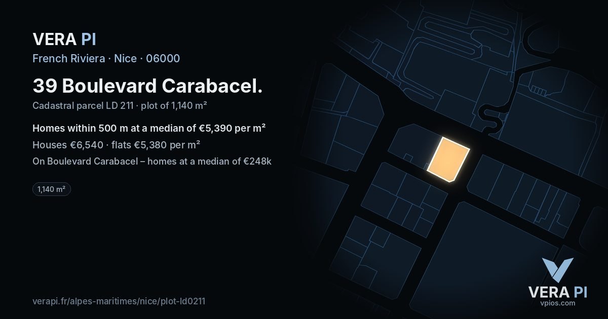 39 Boulevard Carabacel, Nice at night – the plot lit, the parcels around coloured by the prices near them
