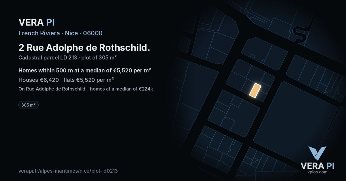 2 Rue Adolphe de Rothschild, Nice at night – the plot lit, the parcels around coloured by the prices near them