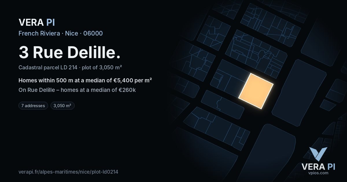 3 Rue Delille, Nice at night – the plot lit, the parcels around coloured by the prices near them