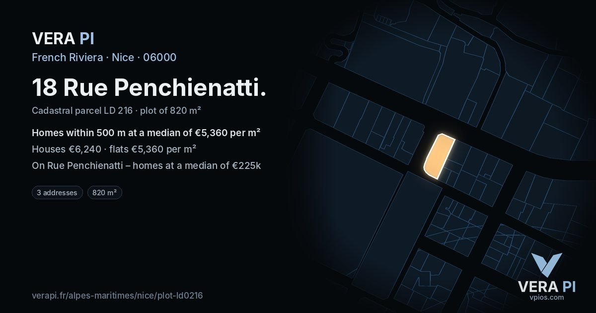 18 Rue Penchienatti, Nice at night – the plot lit, the parcels around coloured by the prices near them