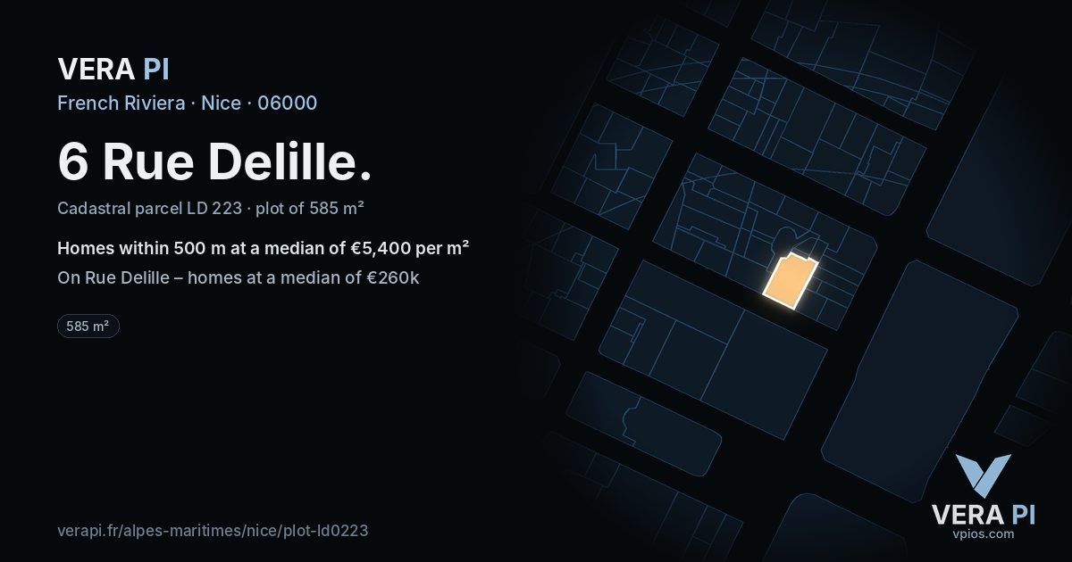6 Rue Delille, Nice at night – the plot lit, the parcels around coloured by the prices near them