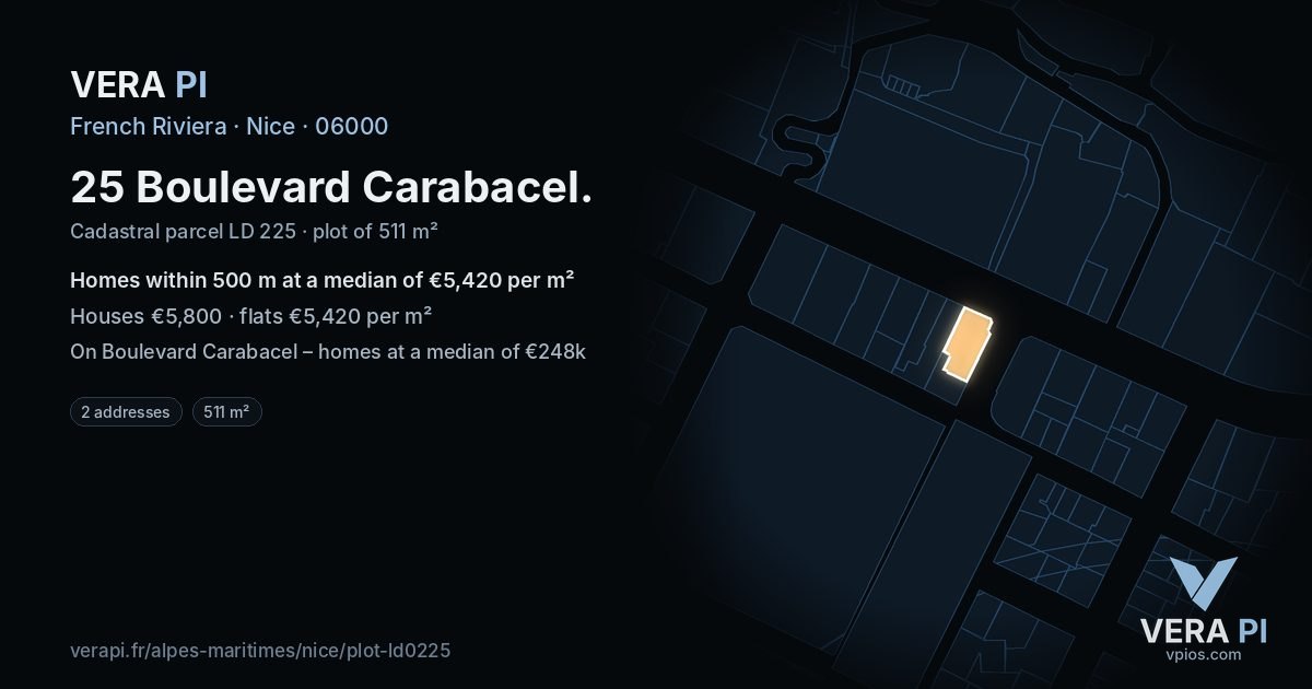 25 Boulevard Carabacel, Nice at night – the plot lit, the parcels around coloured by the prices near them