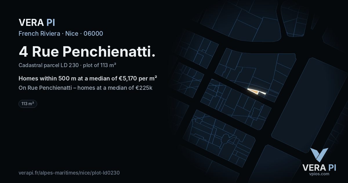 4 Rue Penchienatti, Nice at night – the plot lit, the parcels around coloured by the prices near them