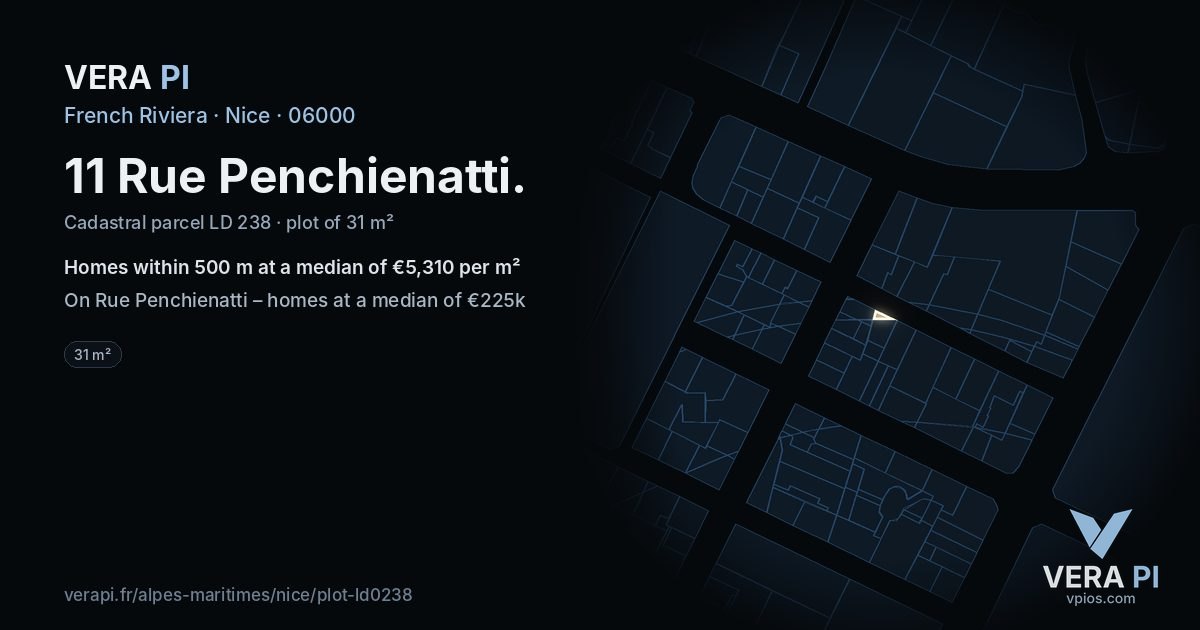 11 Rue Penchienatti, Nice at night – the plot lit, the parcels around coloured by the prices near them