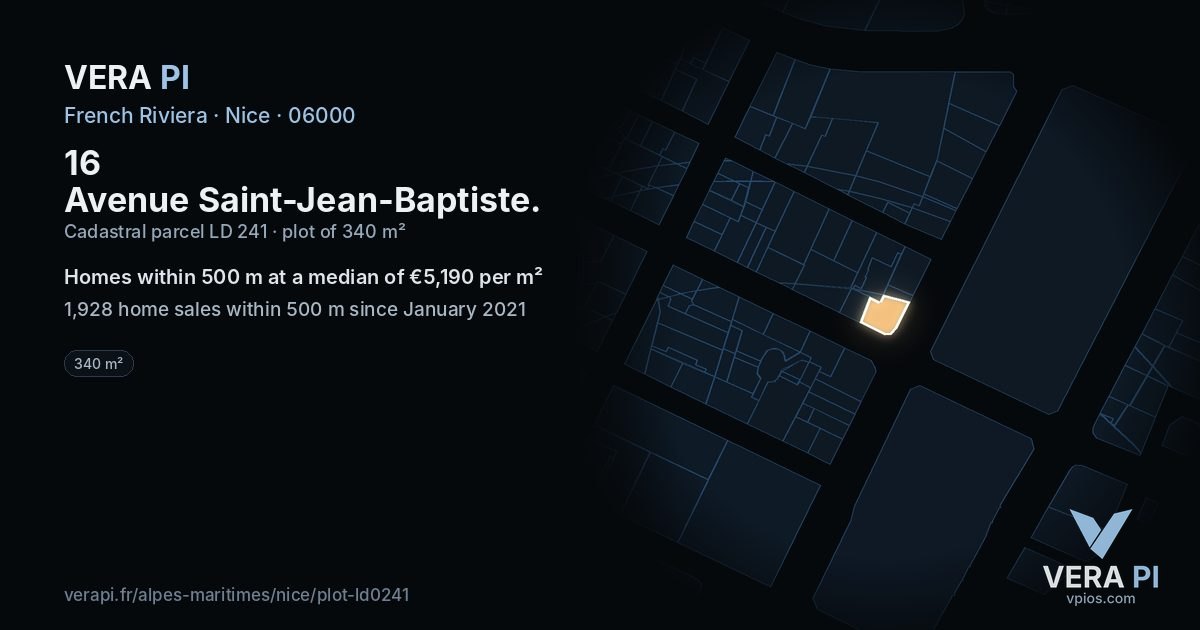 16 Avenue Saint-Jean-Baptiste, Nice at night – the plot lit, the parcels around coloured by the prices near them