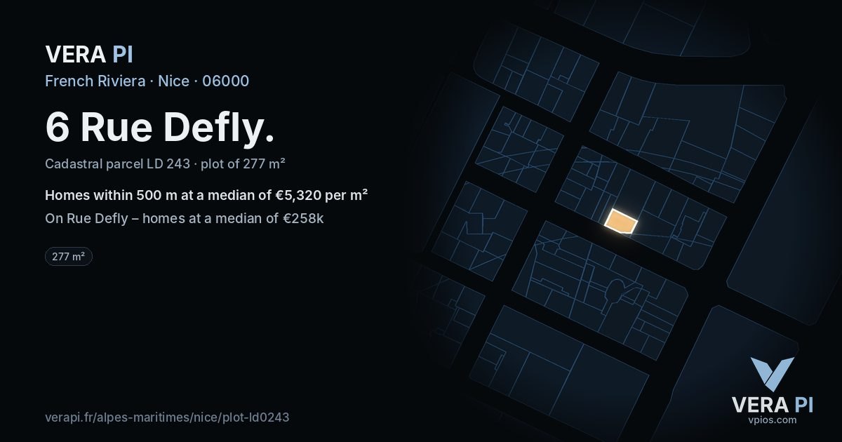 6 Rue Defly, Nice at night – the plot lit, the parcels around coloured by the prices near them