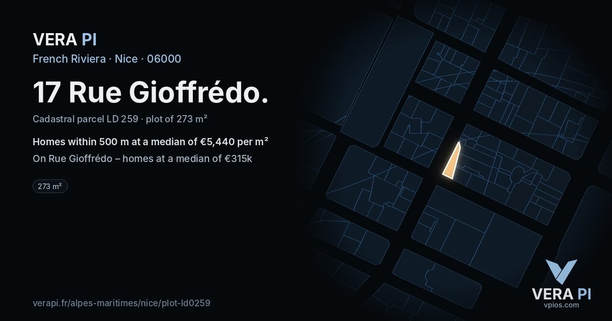 17 Rue Gioffrédo, Nice at night – the plot lit, the parcels around coloured by the prices near them