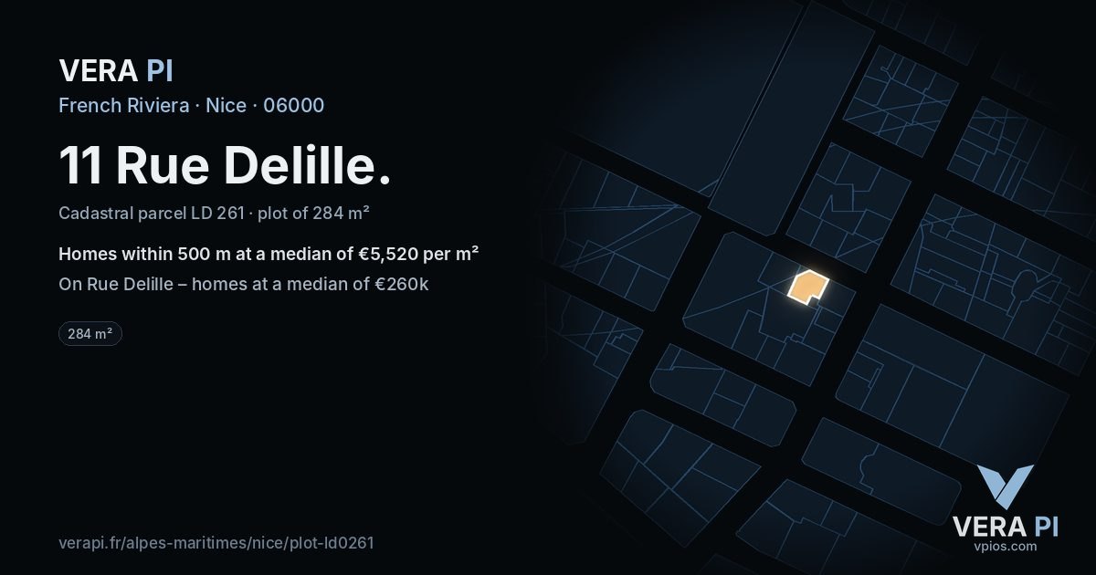 11 Rue Delille, Nice at night – the plot lit, the parcels around coloured by the prices near them