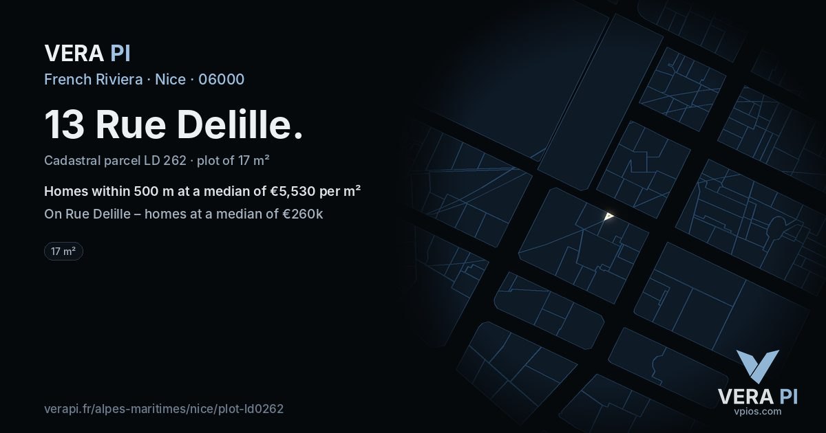 13 Rue Delille, Nice at night – the plot lit, the parcels around coloured by the prices near them
