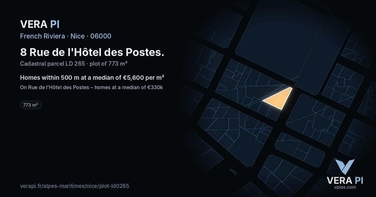 8 Rue de l'Hôtel des Postes, Nice at night – the plot lit, the parcels around coloured by the prices near them